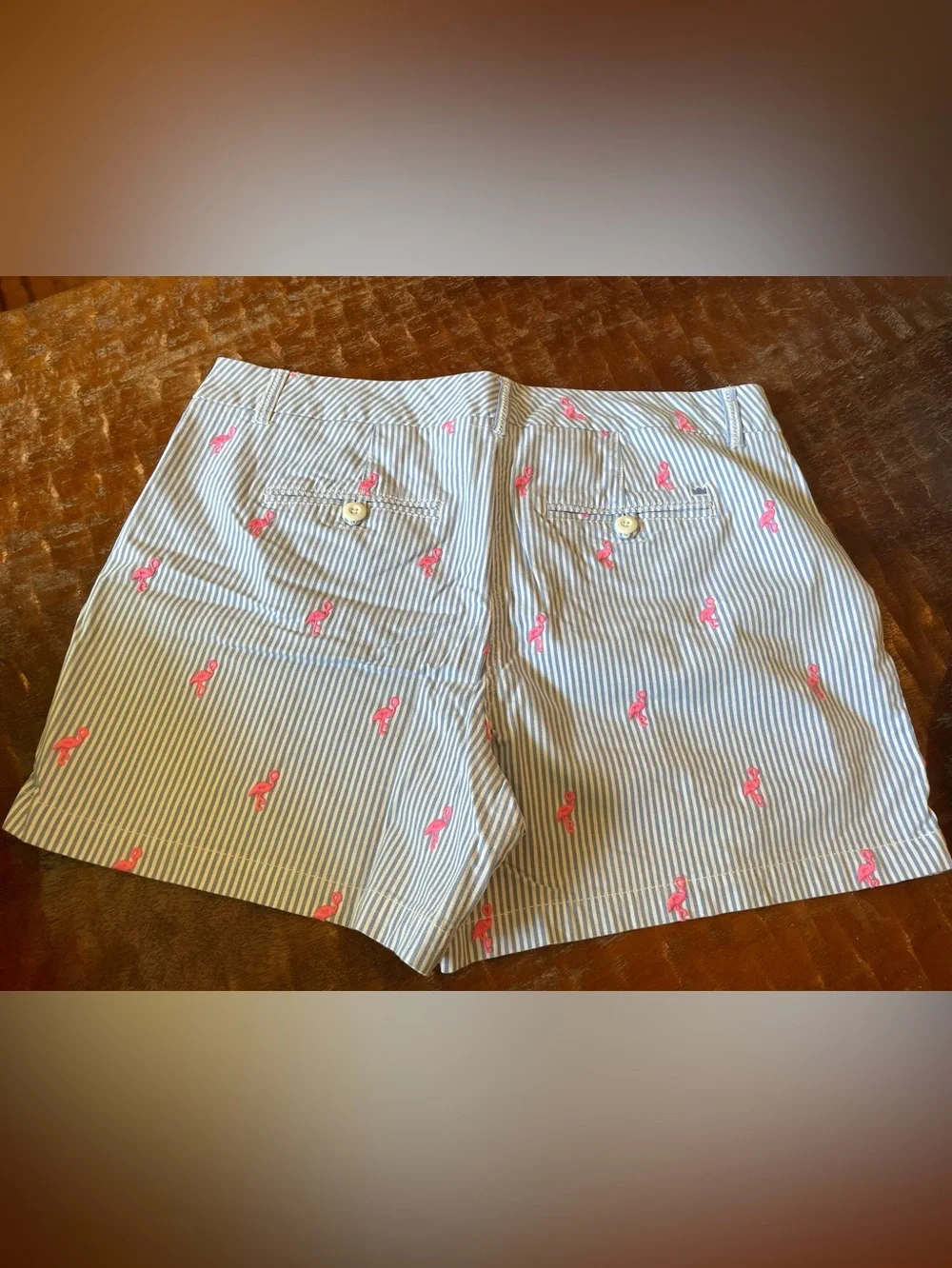 Crown & Ivy Caroline Blue & White Striped Pink Flamingo Embroidered Shorts 12 - Picture 3 of 6